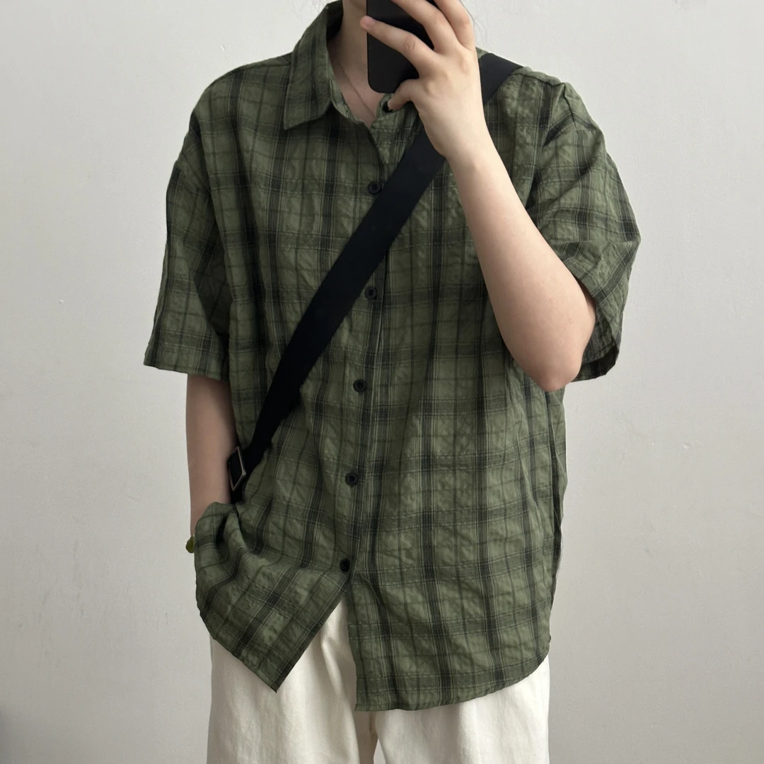 格子短袖衬衫男夏季新款韩版ins风轻薄透气百搭宽松休闲衬衣外套