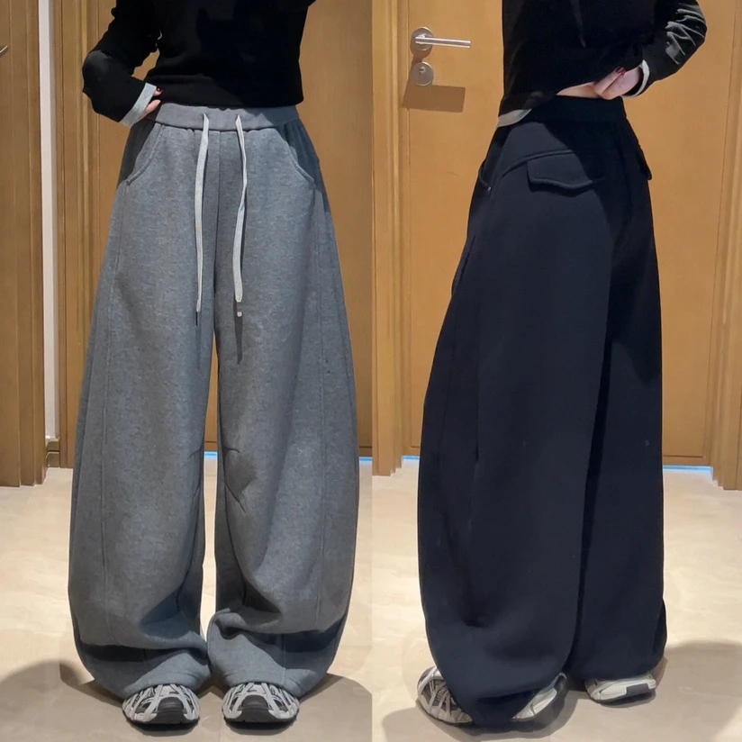 2025欧货新款松紧腰宽松垂感休闲裤女加绒弯刀卫裤
