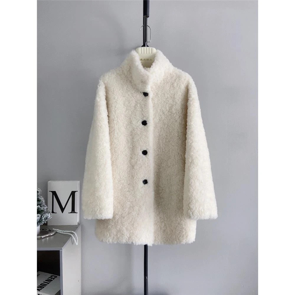 【万达撤柜】凛冬”立领单排扣羊剪绒大衣女中长款皮草外套