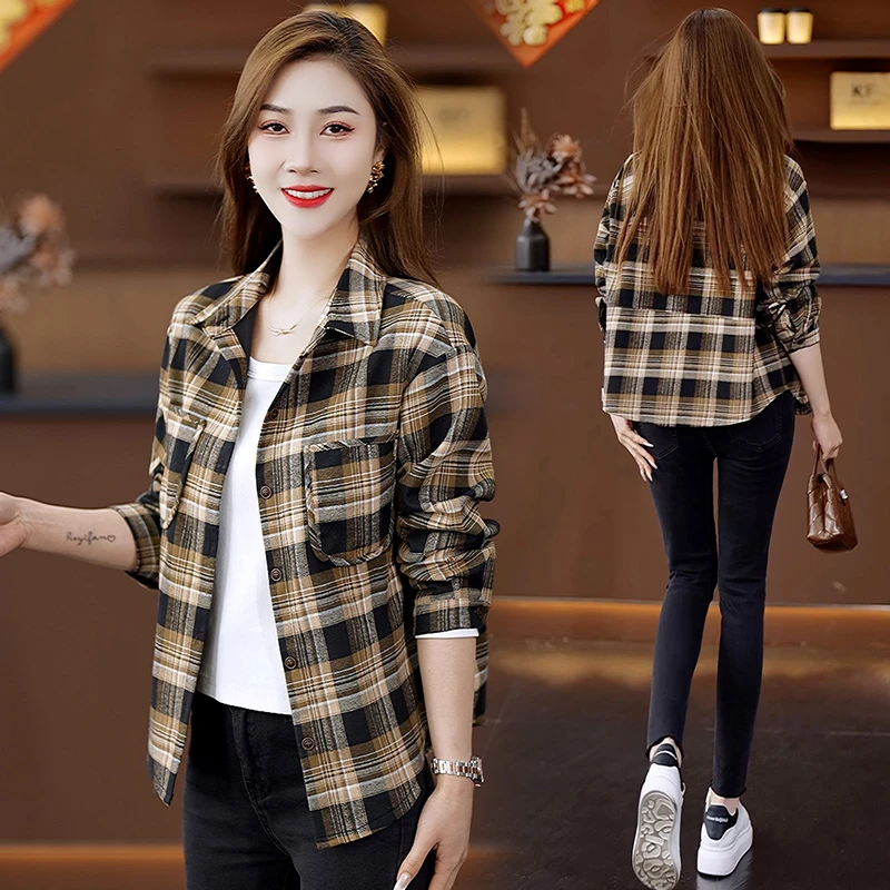 港风韵味女士2025秋季新款宽松显瘦复古格纹短款开衫式休闲衬衫外