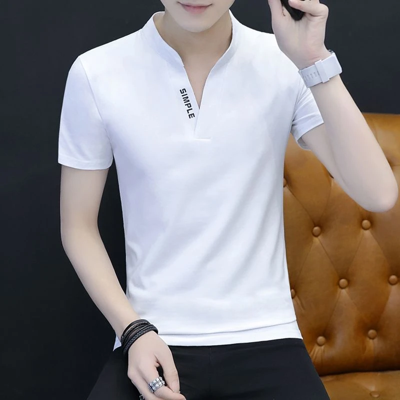 2025新款夏季V领半袖男士短袖T恤男款印花衣服上衣冰丝打底衫