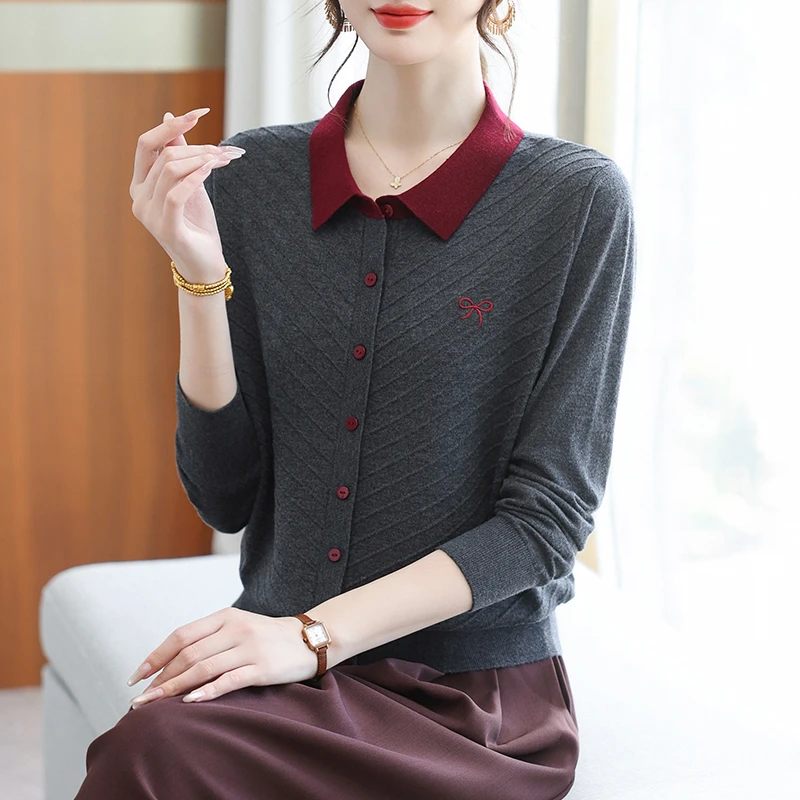 新款毛衣拼色翻领宽松上衣女士秋冬季内穿百搭针织衫女50728