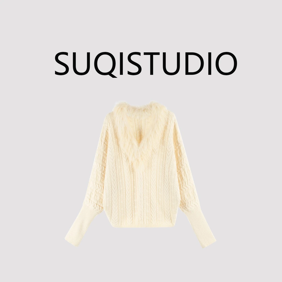 SUQI【麻花绒里】气质毛领绞花收腰保暖v领针织衫毛衣上衣女