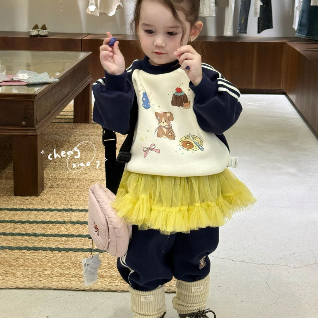 2025冬季新款女童小童韩版洋气卡通印花加绒卫衣儿童休闲卫裤套装