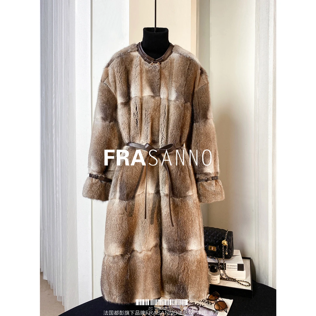 FRASANNO【澳大利亚】进口稀有貂皮草女外套皮毛一体长款显瘦时尚