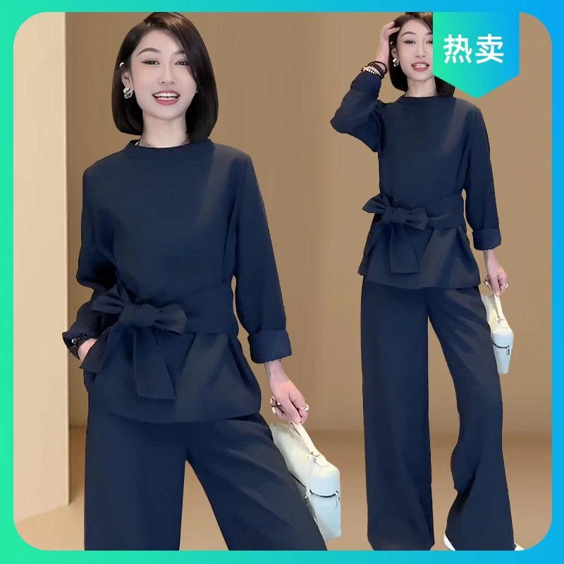 时尚穿搭一整套2025春秋新款松弛感绑带上衣阔腿裤百搭两件套装女