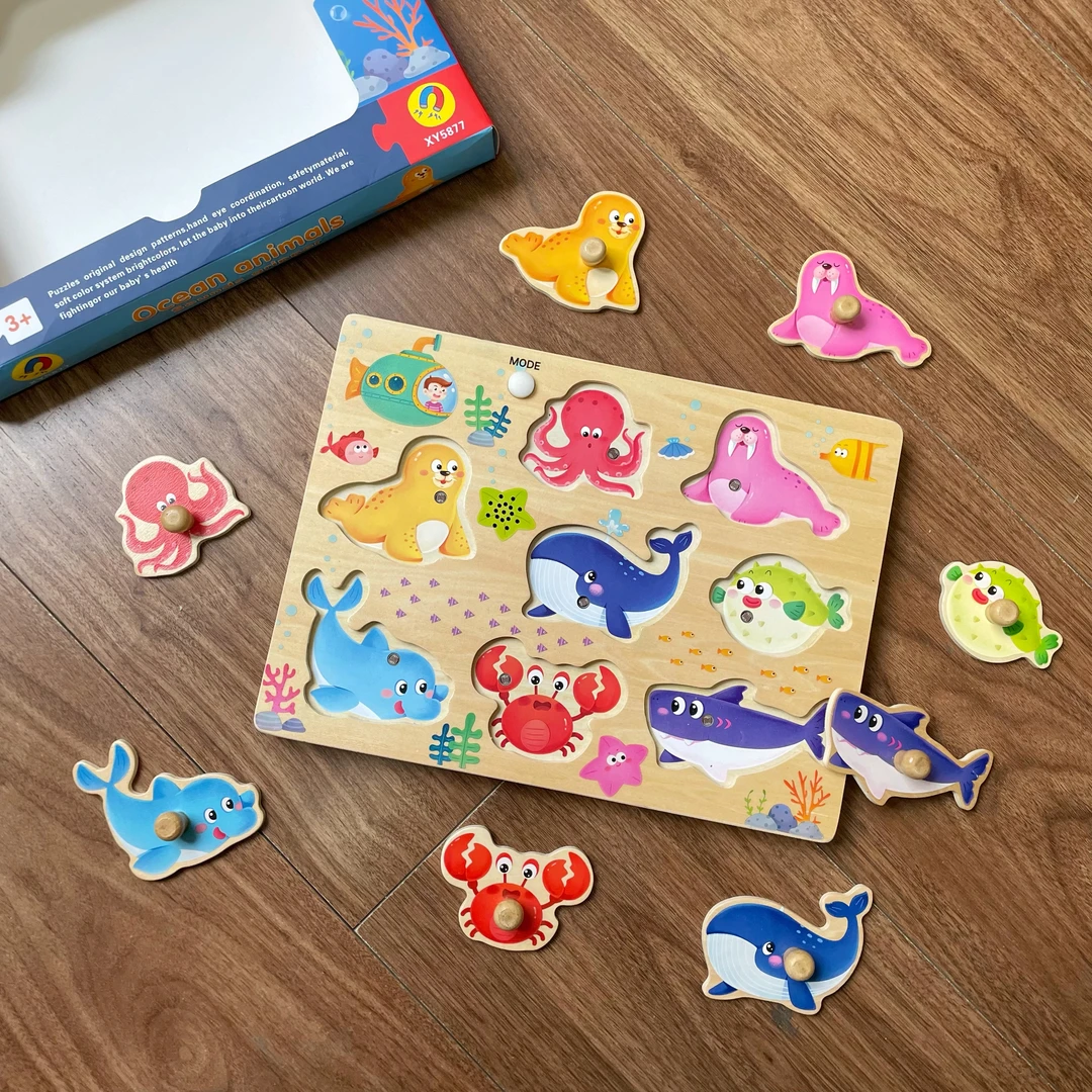 低幼木质手抓发声拼板儿童早教启蒙认知板幼儿动物声音手抓板