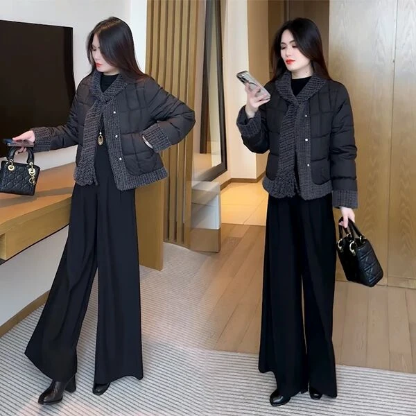 时尚翻领拼接围巾短棉服外套女2025冬季新款洋气显瘦保暖加厚外套