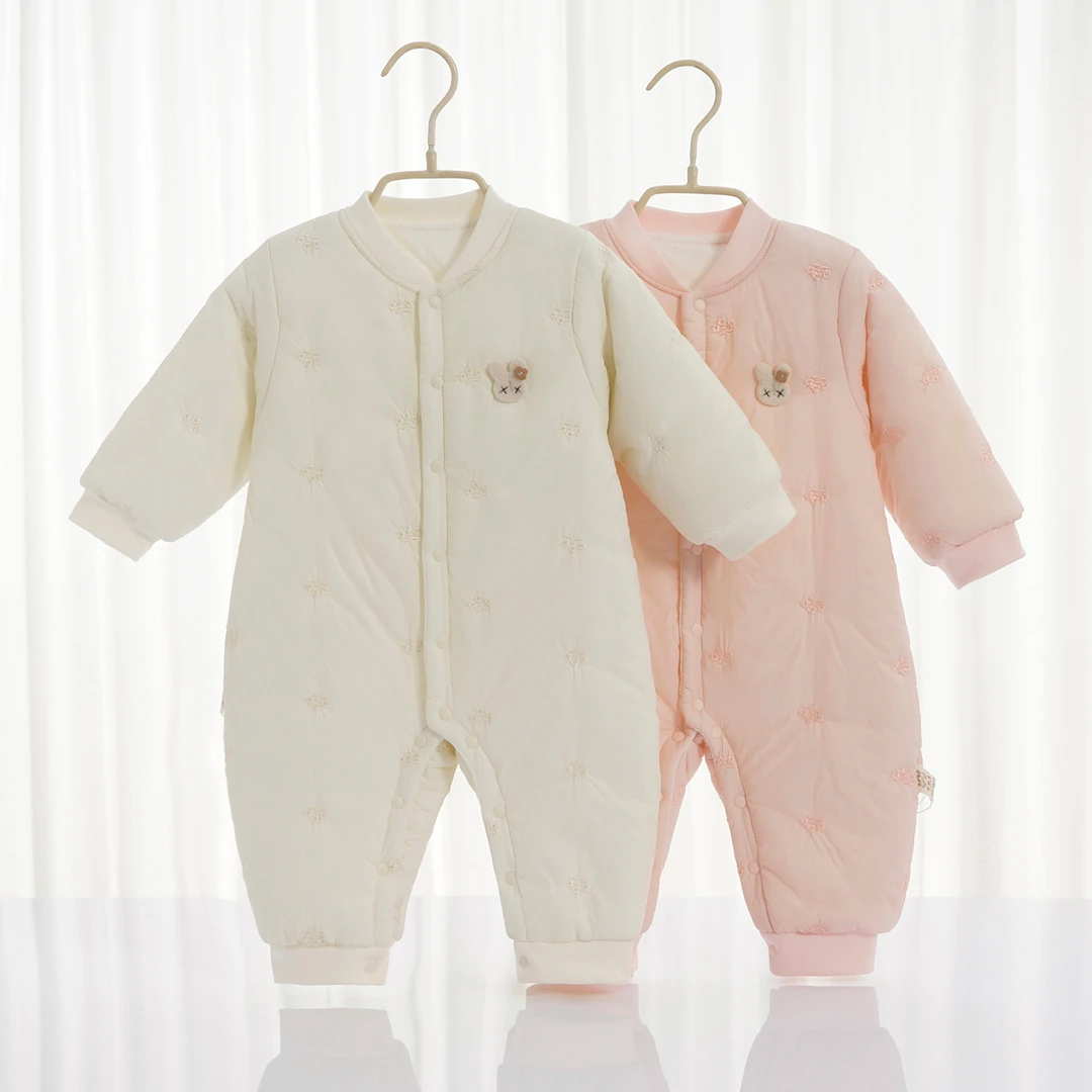 婴儿春秋轻薄款夹棉连体衣女宝宝公主风外出超萌洋气外穿满月爬服