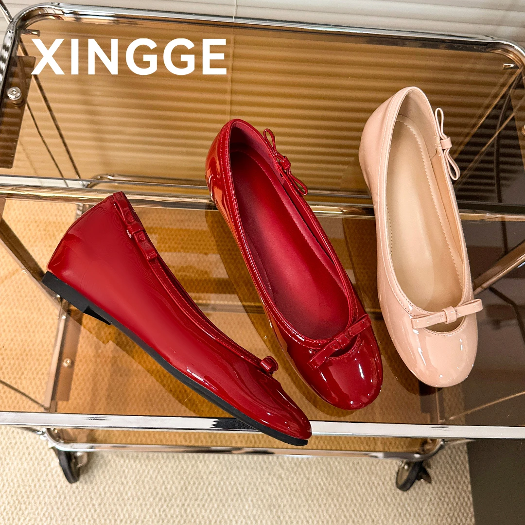 XINGGE/幸格内增高单鞋女夏季2025年流行百搭小众蝴蝶漆皮芭蕾鞋