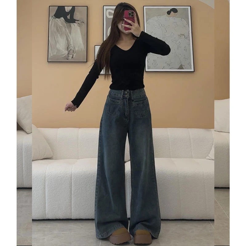 2025早秋新款复古深蓝阔腿牛仔裤女宽松百搭高腰显高显瘦拖地裤