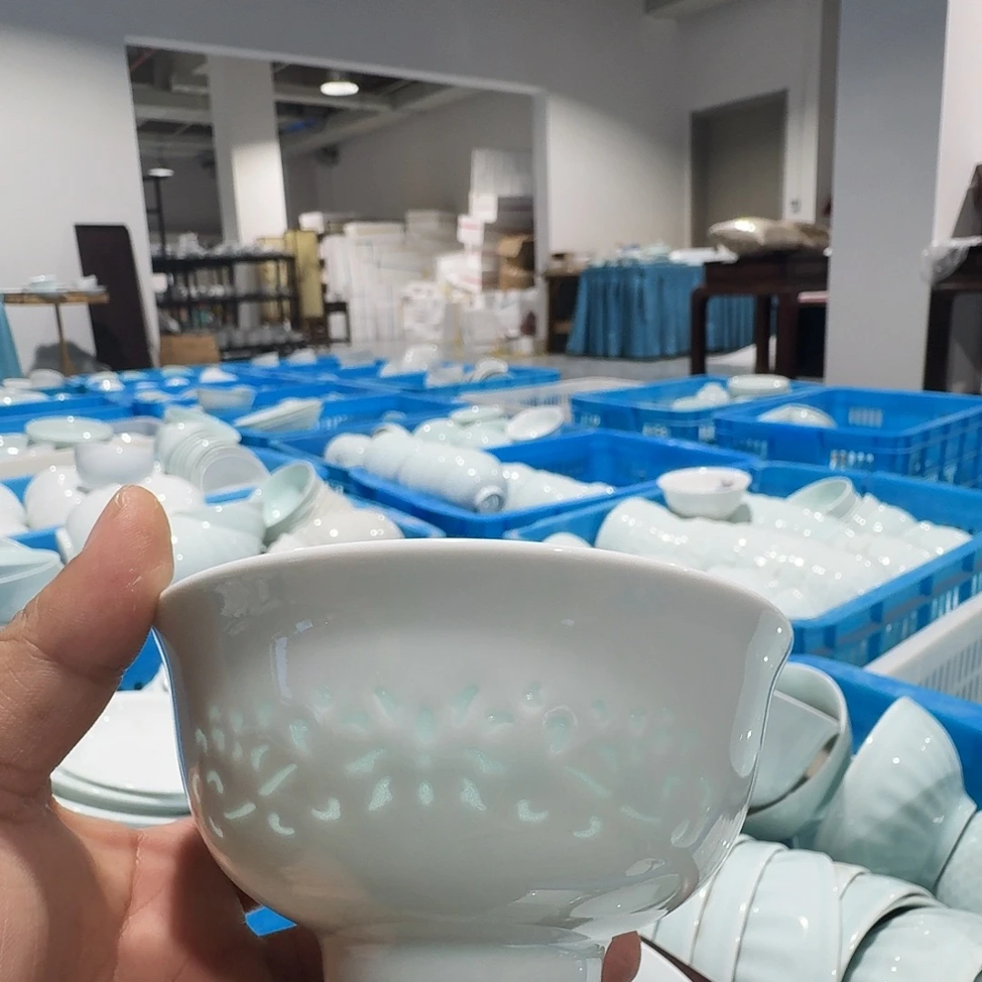 杯景德镇陶瓷微瑕影青玲珑米饭碗6个