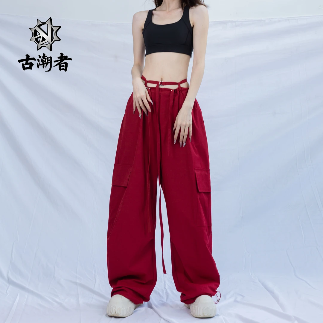 松紧慵懒风夏季微弹力纯色休闲裤薄款红色舞蹈巴恩风