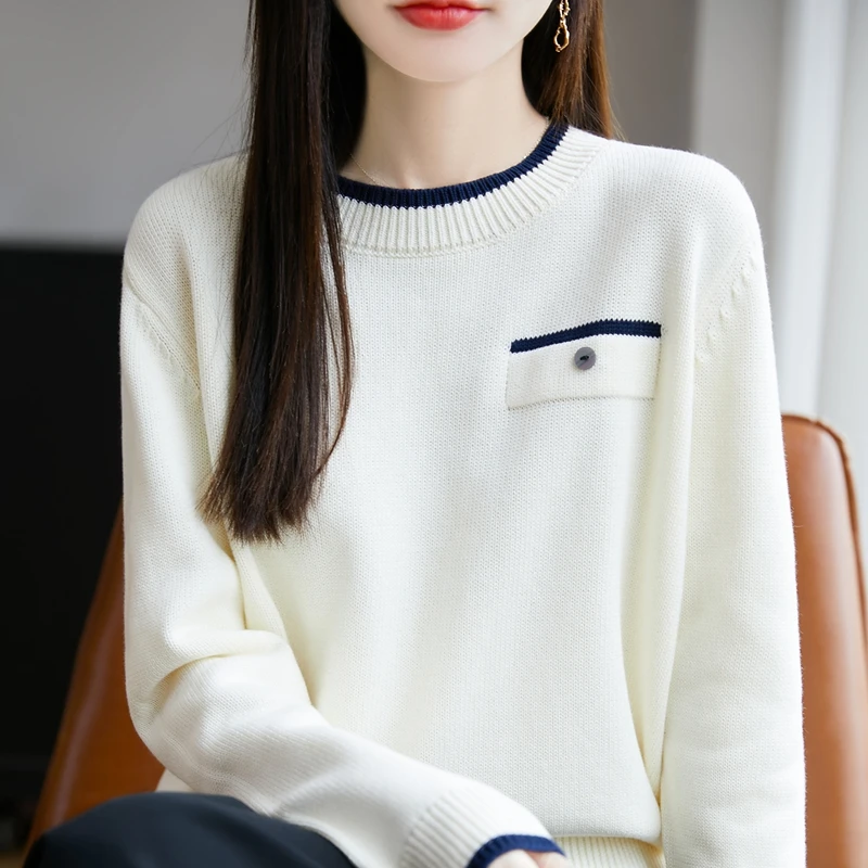 品牌时尚女装秋季拼接针织棉上衣创意百搭舒适长袖女上衣套头显瘦