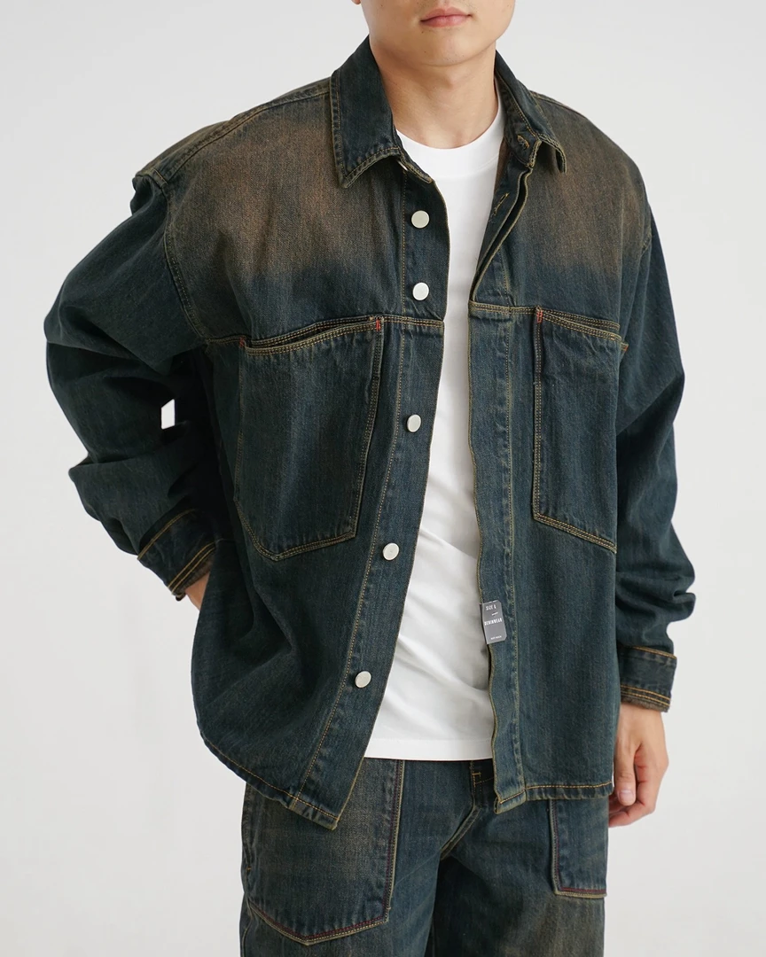同步大厂面料独特复古水洗工艺男士牛仔外套春款阿美咔叽复古工装