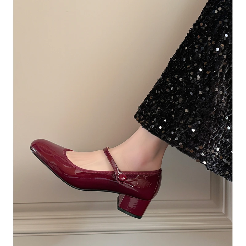 法式温婉~4.5cm粗跟玛丽珍鞋女圆头一字扣带中跟港味单鞋