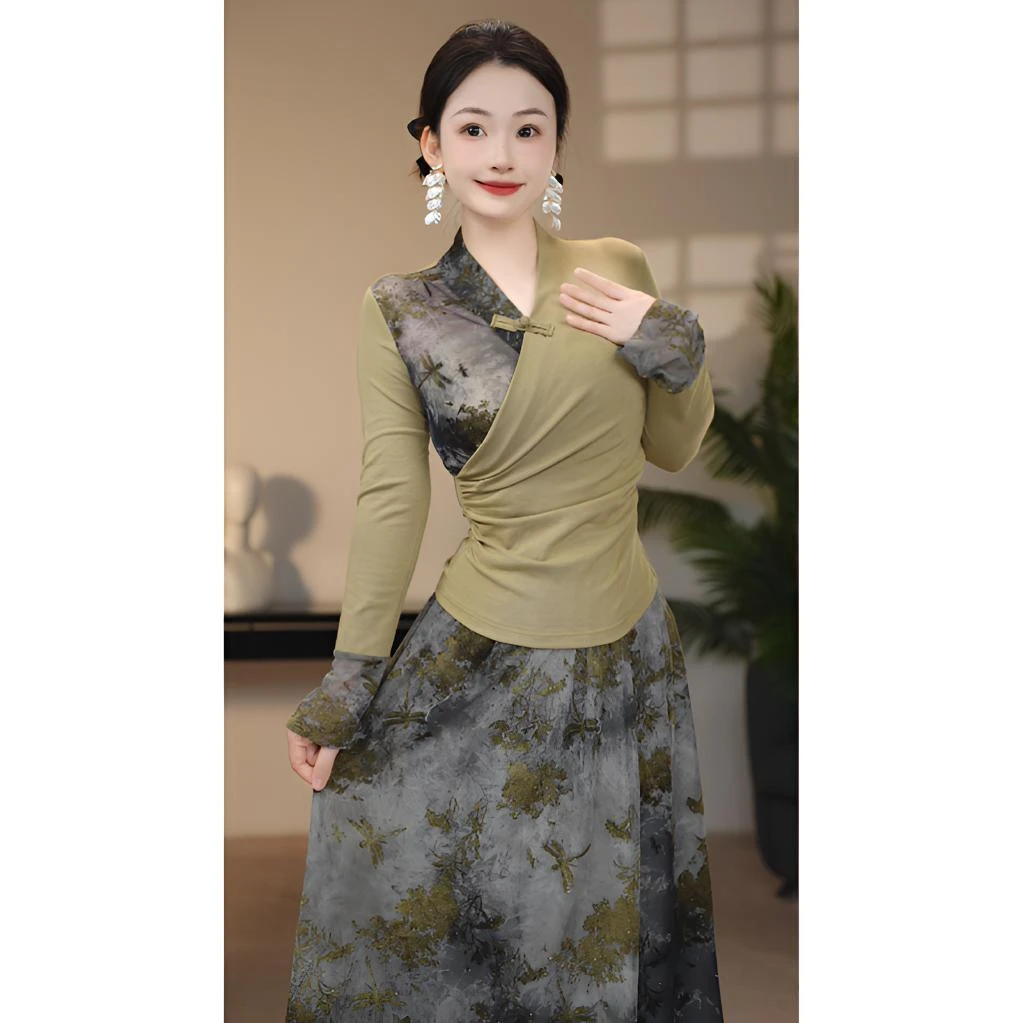 【玲珑】春季新款高级洋气中式印花针织拼色高弹力长袖套装-F0005