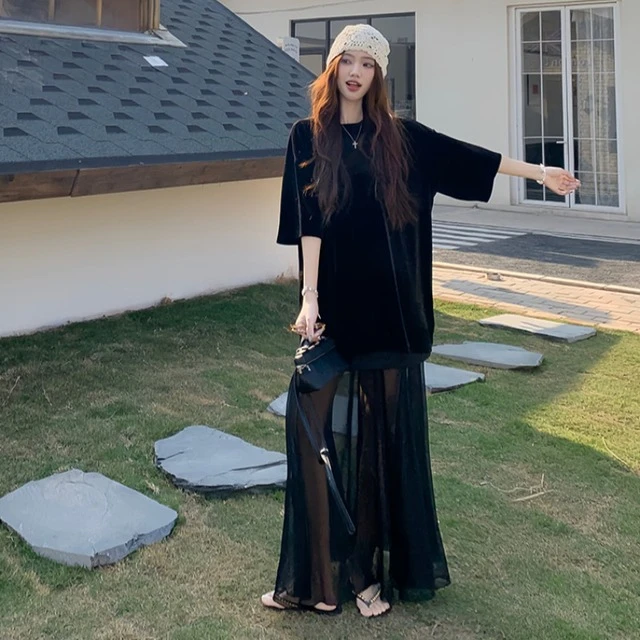 大码胖mm显瘦高腰网纱拼接半身裙女春季时尚两件套装短袖T恤上衣