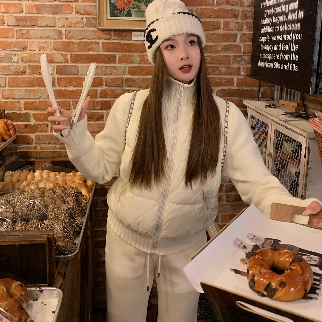 圈圈cooky雾入松林针织拼接冬季短款棉服加厚小个子外套女