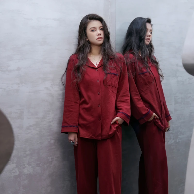 100%棉贝壳边睡衣针织棉家居服透气舒适春秋款宽松居家