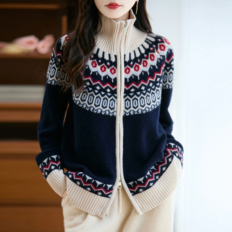 费尔岛提花~100%羊毛衫七针加厚双拉链女百搭针织羊毛开衫外套