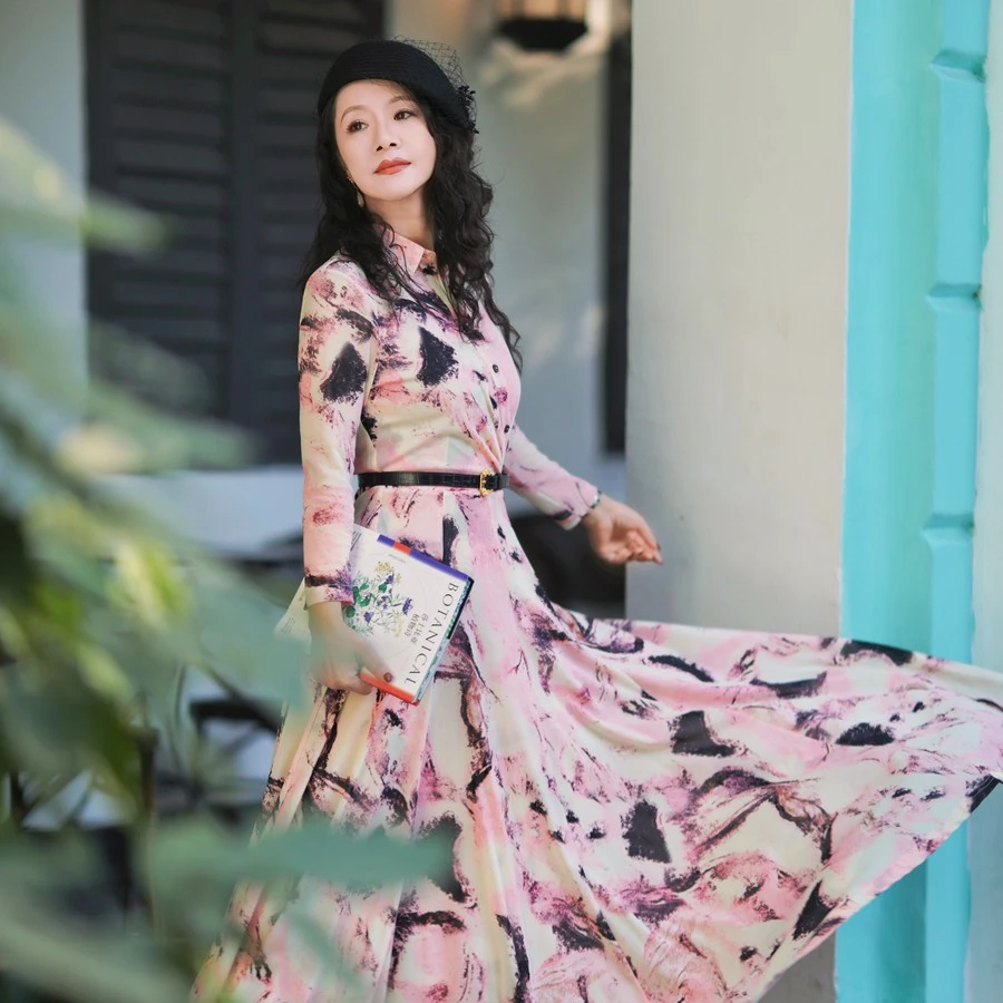 双11福利【粉墨山水】法式衬衫领轻奢网纱收腰大摆连衣裙 文艺满满