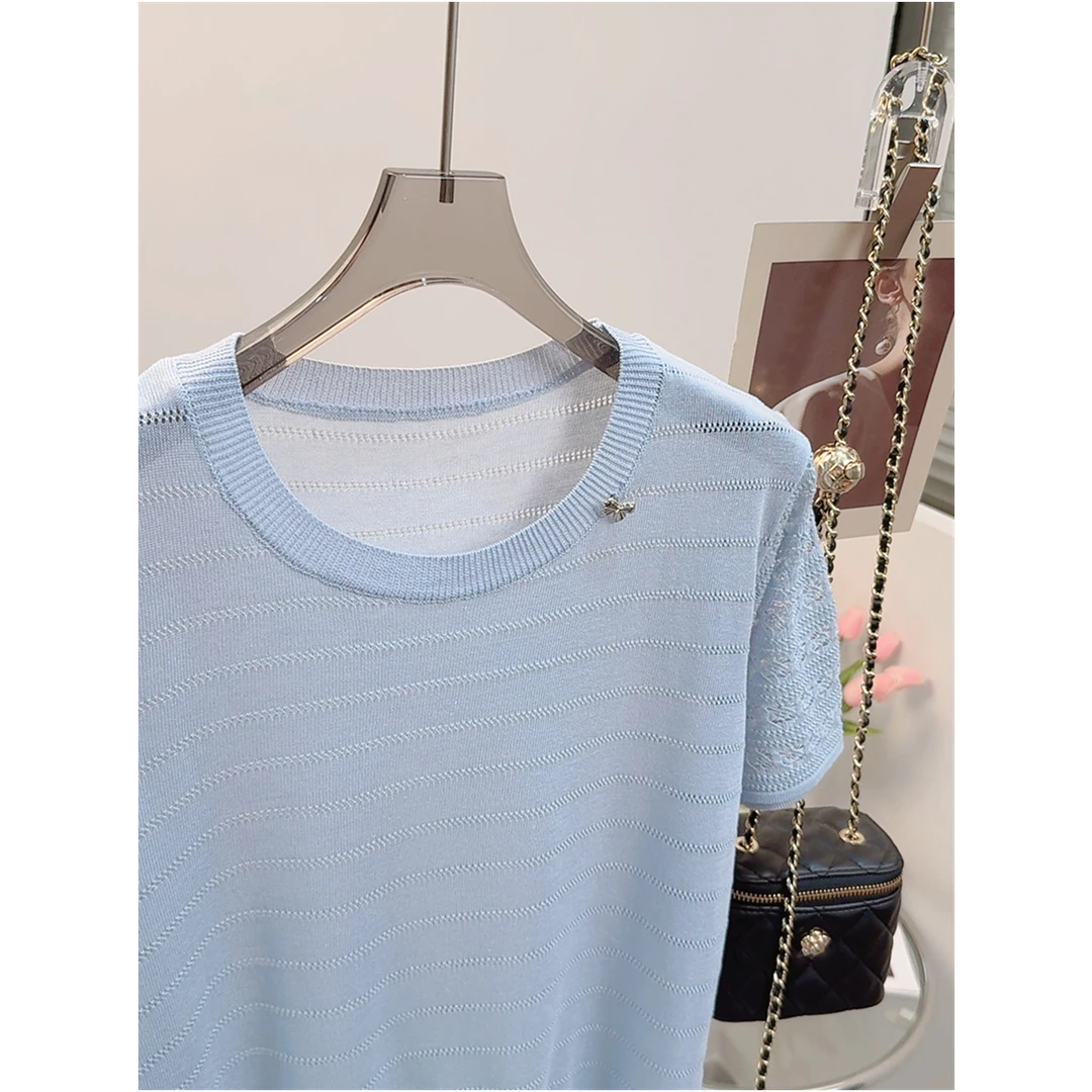 B1024【线下同款】莱赛尔+亚麻~高定版！短袖夏季蝴蝶结银标女针织衫