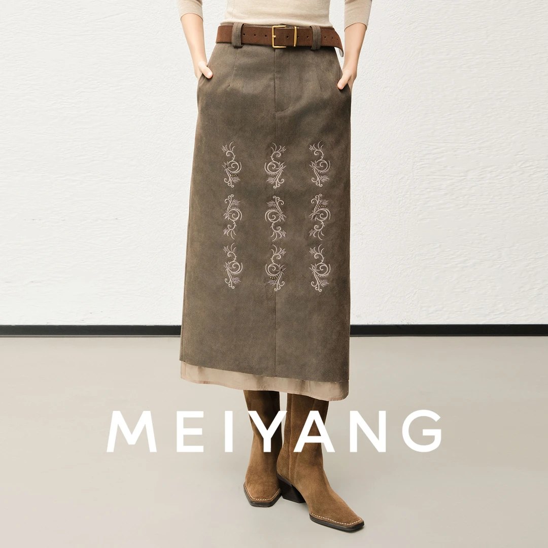 美洋MEIYANG 脉络半裙【商场同款】磨毛复古绣花直筒裙【中】-周一