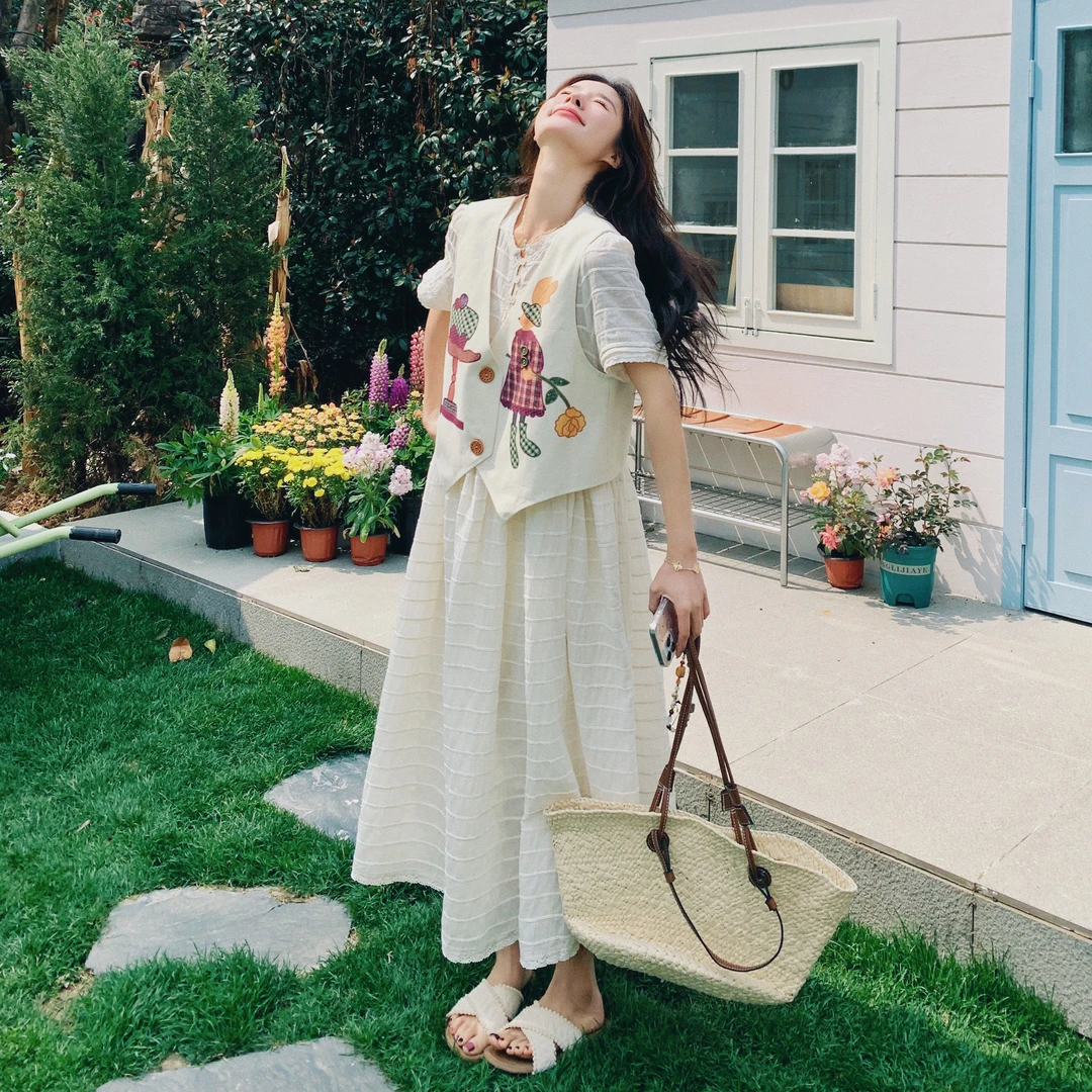 趣味印花马甲连衣裙套装女2025夏新款简约时尚俏皮减龄甜美休闲风