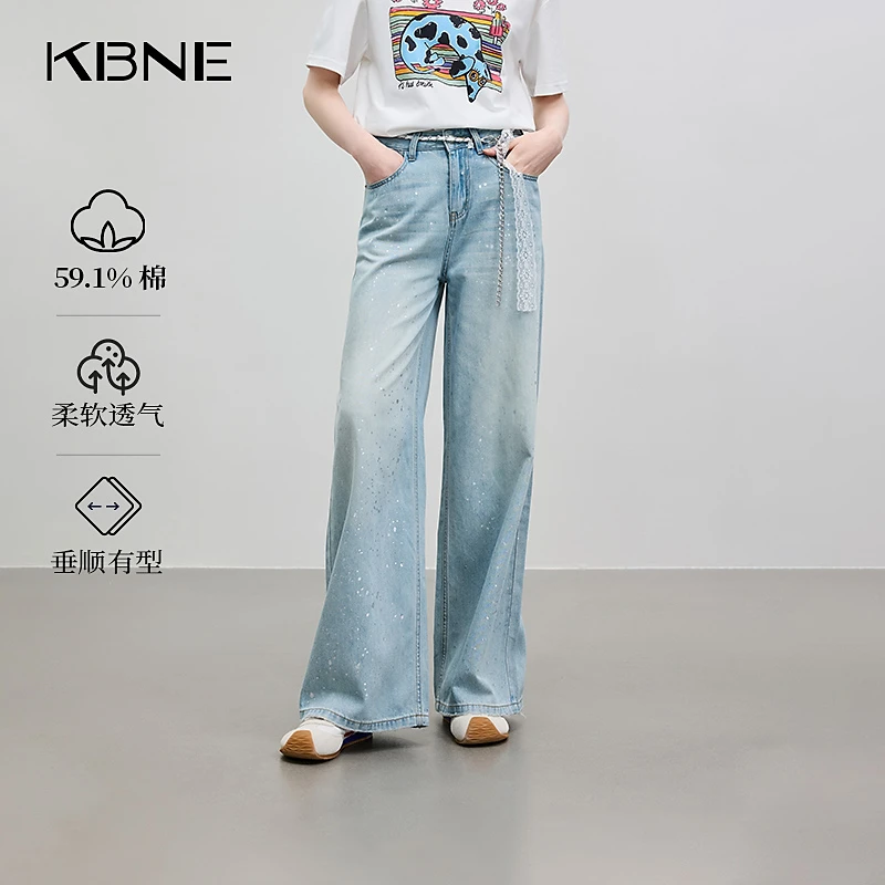KBNE牛仔裤女款爆款2025新款夏季高级感复古宽松烫钻编织腰带裤子