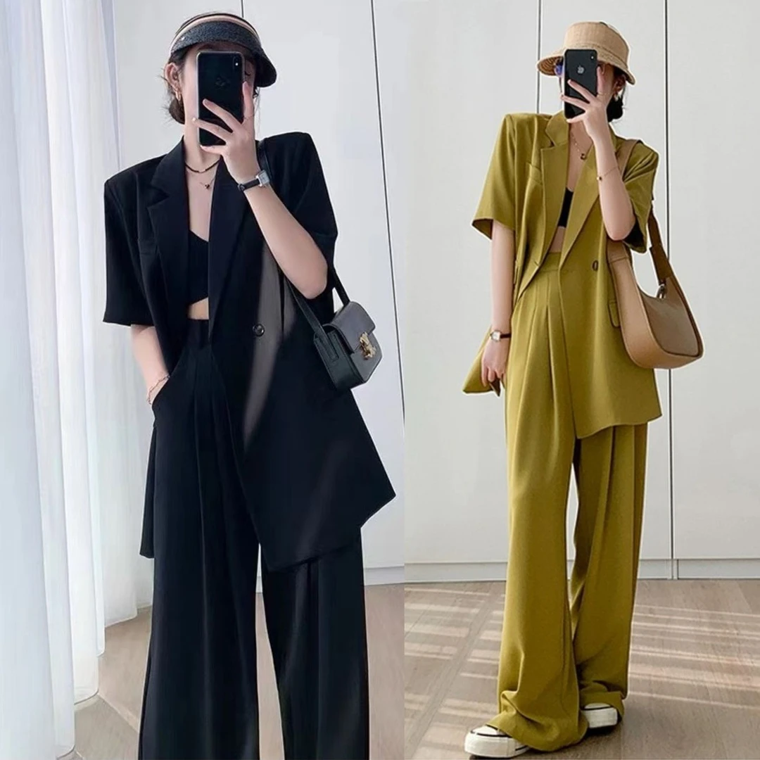 胖妹妹时尚显瘦遮肉套装女大码夏季新款短袖西装外套阔腿裤两件套