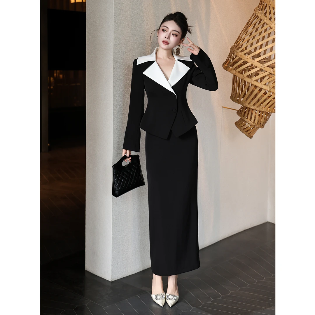 法式小香风套装黑白撞色修身西装配半身裙两件套显瘦黑色套裙女装
