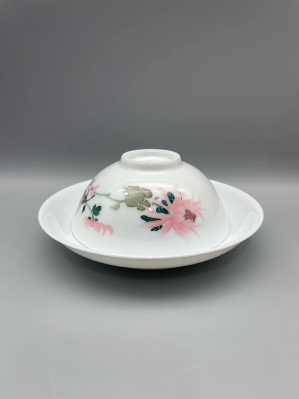 景德镇陶瓷 高白含滑釉中彩绘菊花茶碗 饭碗 碗碟套纯手工