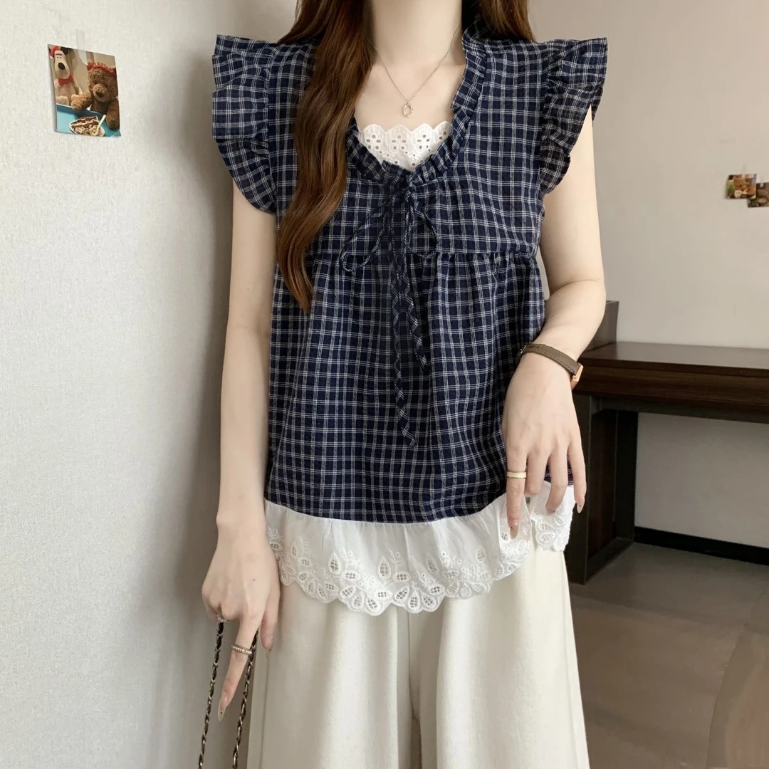 洋气拼接格子蕾丝花边系带2025夏季新款褶皱飞飞袖上衣潮