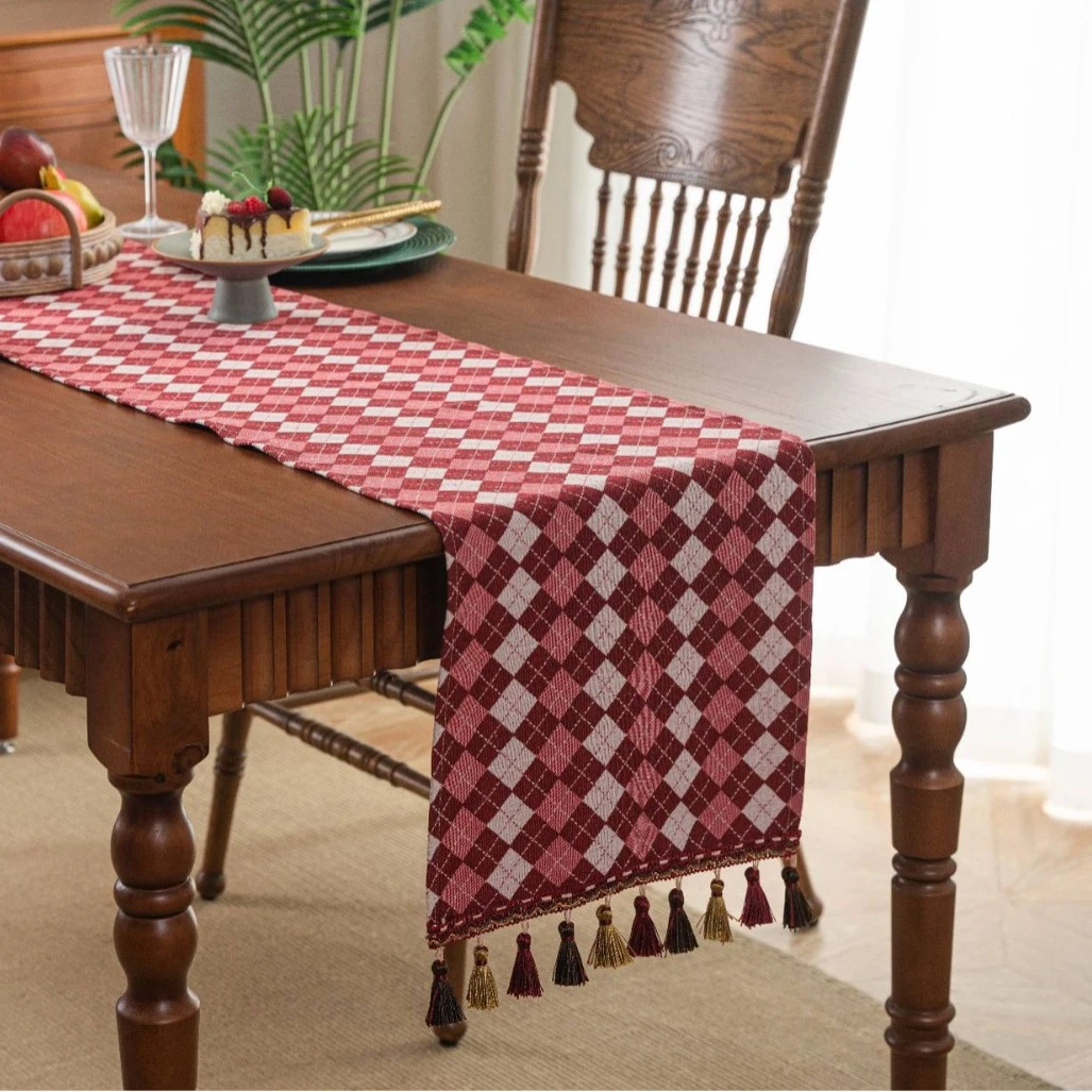 美式复古桌旗提花格子红白节日喜庆流苏装饰茶旗餐旗长条茶几茶桌