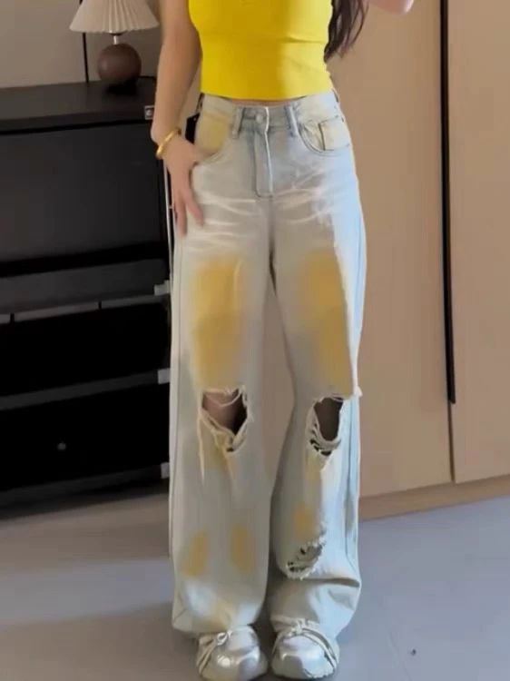 美式高街扎染破洞直筒牛仔裤女夏季新款高腰宽松显瘦阔腿休闲长裤