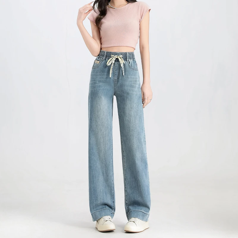 高腰薄款2025年夏季松紧腰直筒牛仔裤女复古浅蓝色窄版阔腿裤垂感