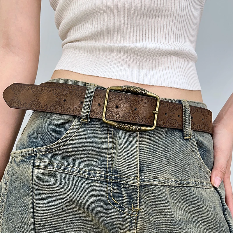 2025新款美式复古民族y2k腰带皮带牛仔裤高级搭配棕色压花洋气ins