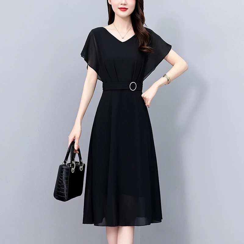 黑色v领短袖雪纺连衣裙女2025年夏季新款小个子气质收腰显瘦裙子