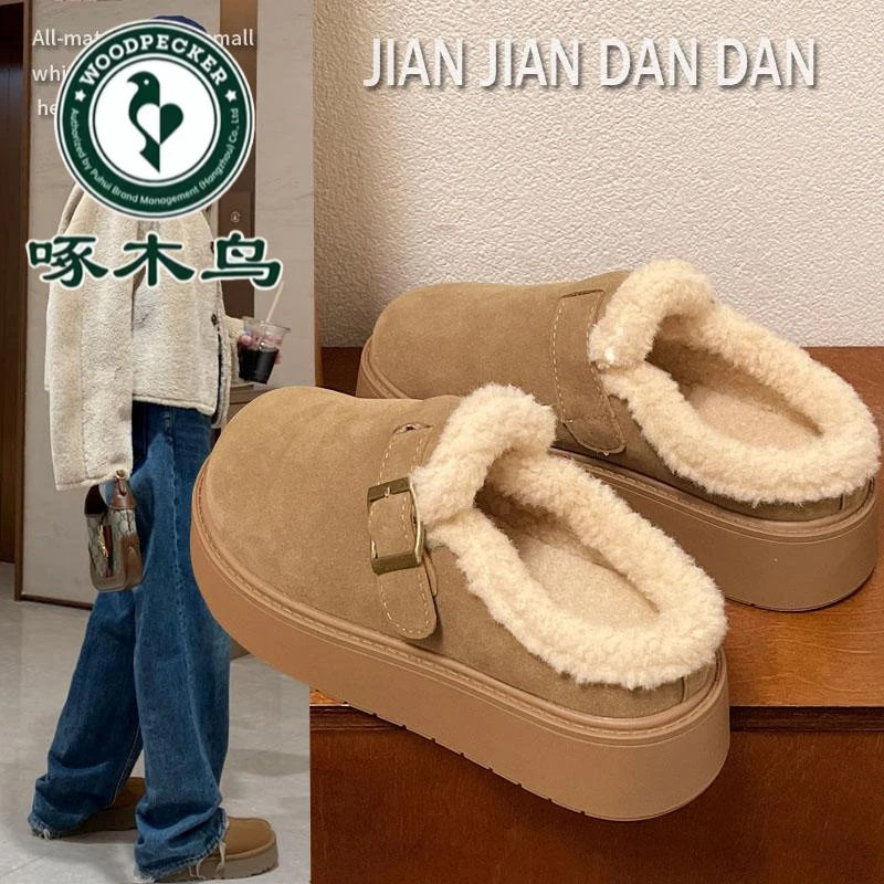 啄木鸟厚底勃肯鞋半拖女外穿2025秋冬季新款加绒软底毛毛鞋棉拖鞋