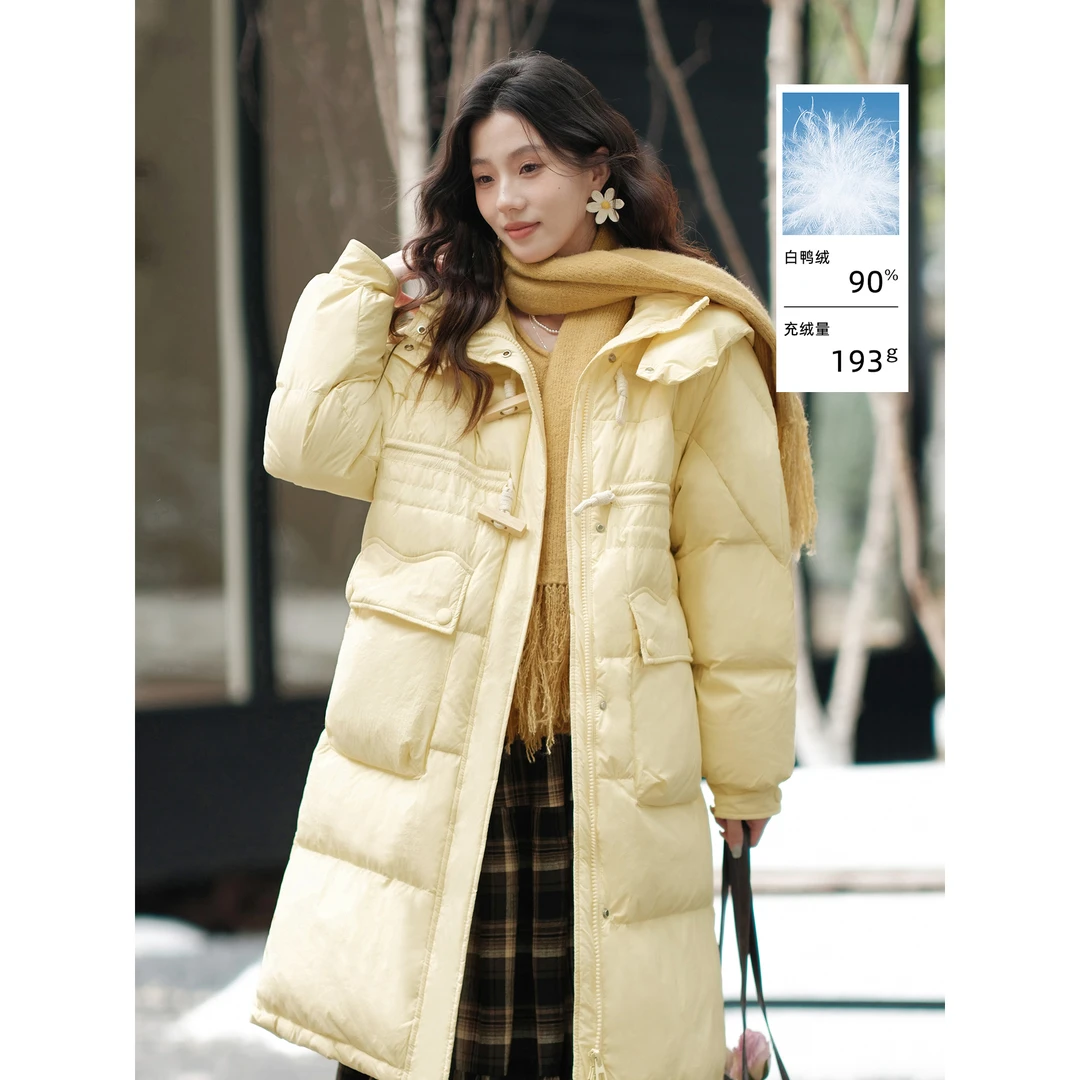 木易易90白鸭绒连帽毛领羽绒服女2025新款冬季高级感长款加厚外套