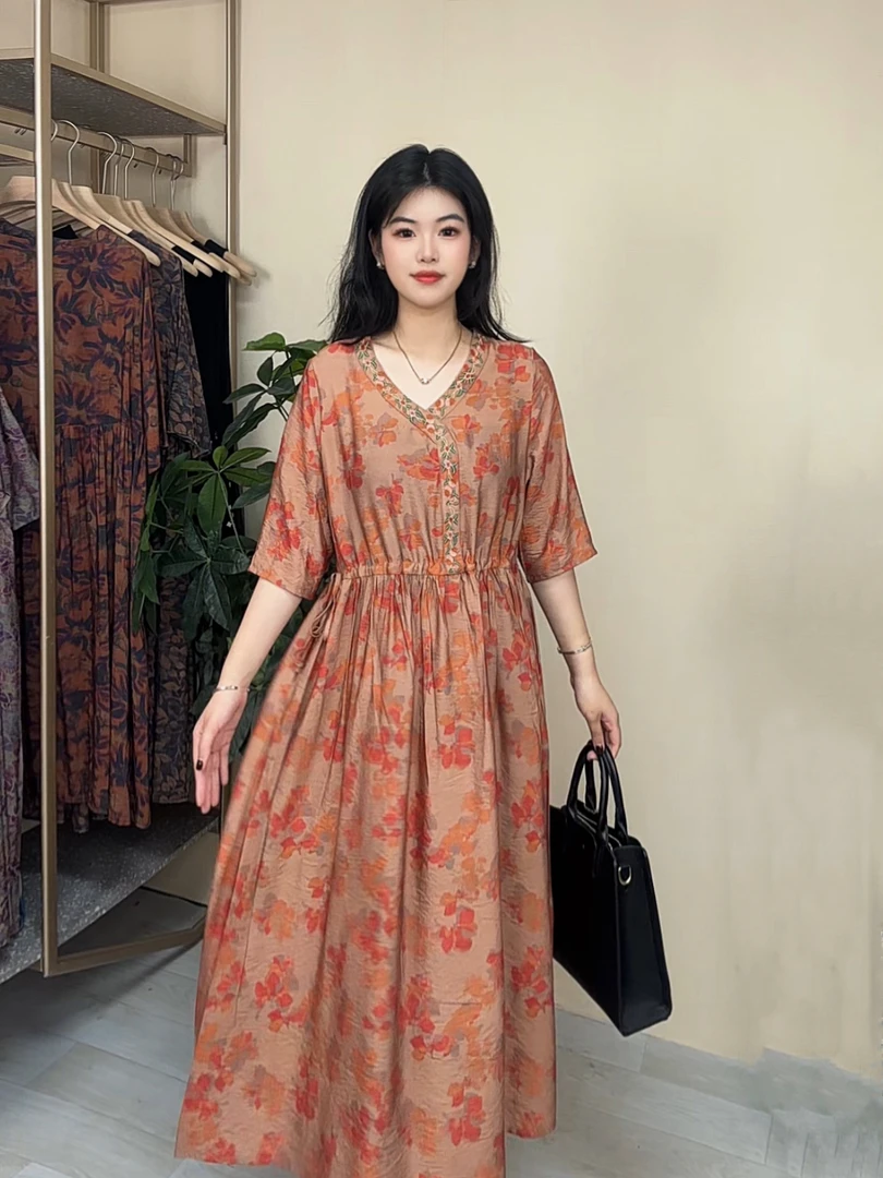 【ZYR】原创复古印花高级连衣裙女高端品质轻薄宽松大码长裙8801