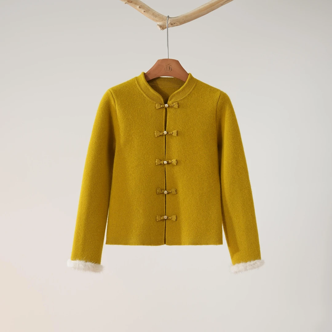 西子/【金桂】羊毛加捻厚织拼水貂盘扣新中式外套/MSTJ509