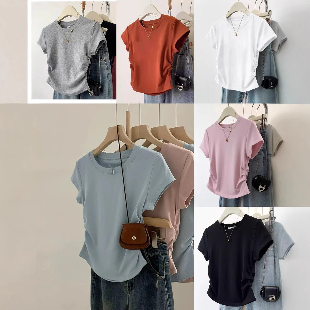 遮肚子小蛮腰显瘦短袖棉T恤薄款夏季夏天斜肩欧货半袖爆款上衣