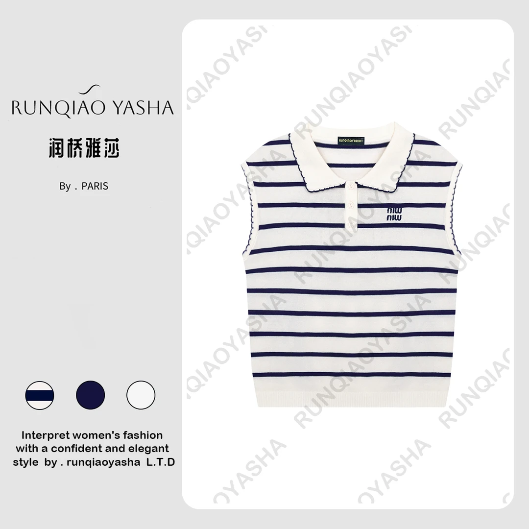 【润桥雅莎】夏季莱赛尔刺绣Polo花边领条纹宽松小飞袖针织衣J1189