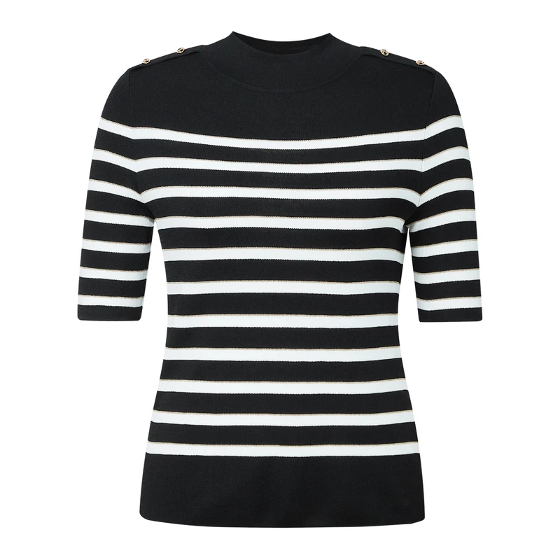 娜尔思时尚百搭黑色条纹黑白圆领中袖套头NZ03482W0