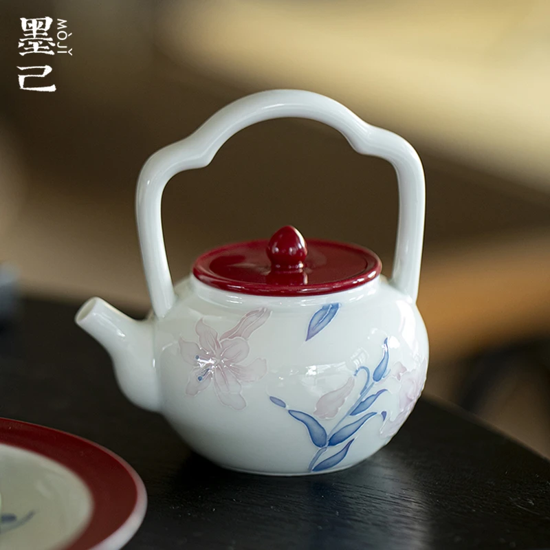 墨己丹霞有田烧百合如意提梁壶功夫茶具球孔过滤手绘陶瓷泡茶壶