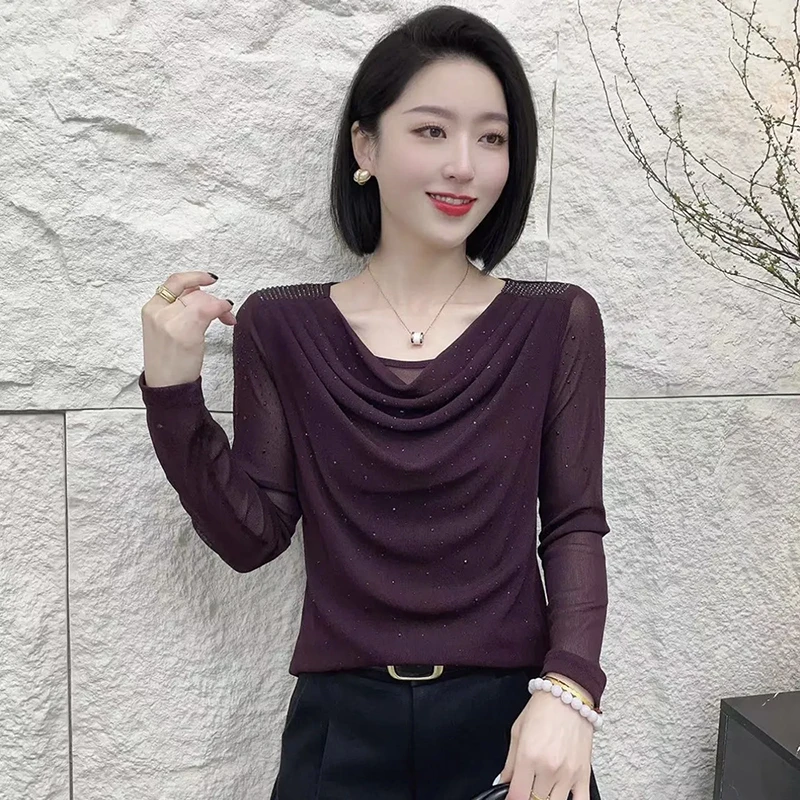 春季新款2025堆堆领烫钻洋气小衫大码遮肚子减龄长袖上衣妈妈装