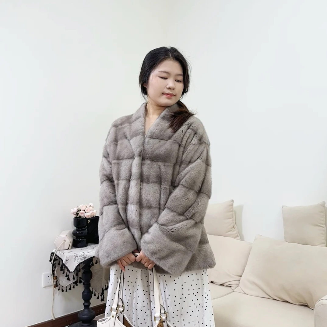 顺意Fur 时光画布 老钱风V领横排进口水貂简约气质冬外套