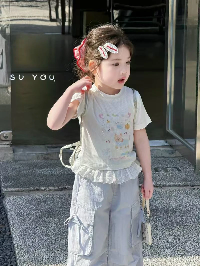 苏夏季新款女童可爱印花修身莫代尔白色t恤儿童